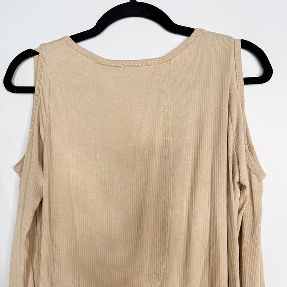 New Cherish Medium M Taupe Peach Open Back Cold Shoulder Long Sleeve Tee Tshirt - Picture 6 of 10